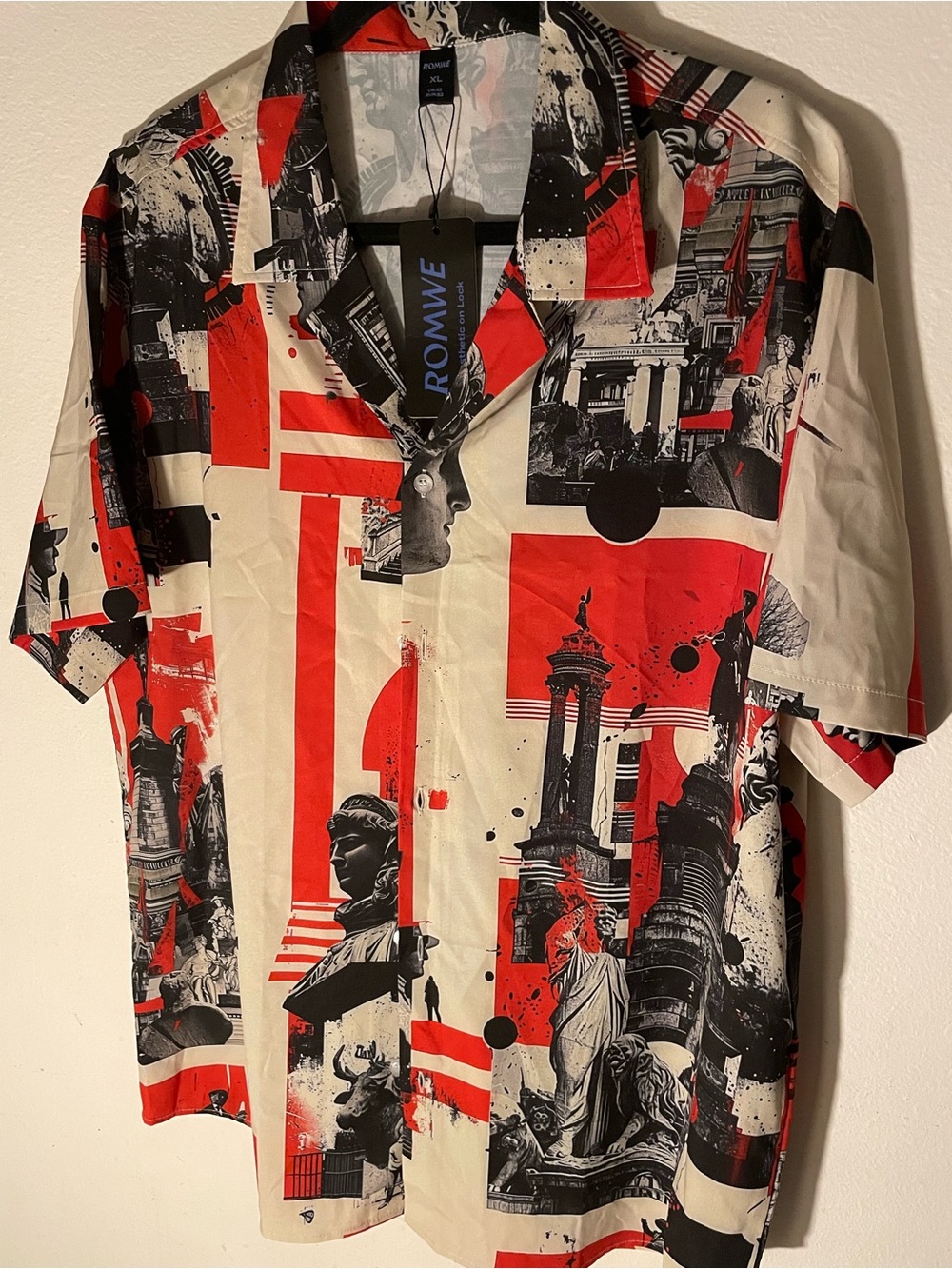 ROMWE Cream Red Black Graphic Camp-Collar Button-Down Shirt